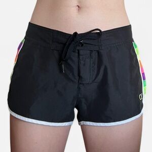 Black OP Swim Shorts with Rainbow Design, Velcro Tie